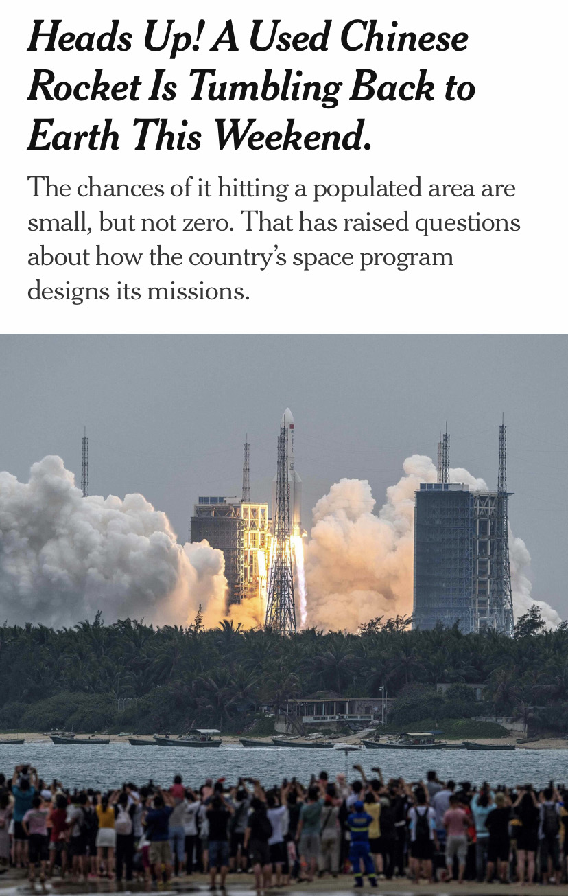 A rocket taking off below a headline that reads "Heads Up! A Used Chinese Rocket Is Tumbling Back To Earth This Weekend"