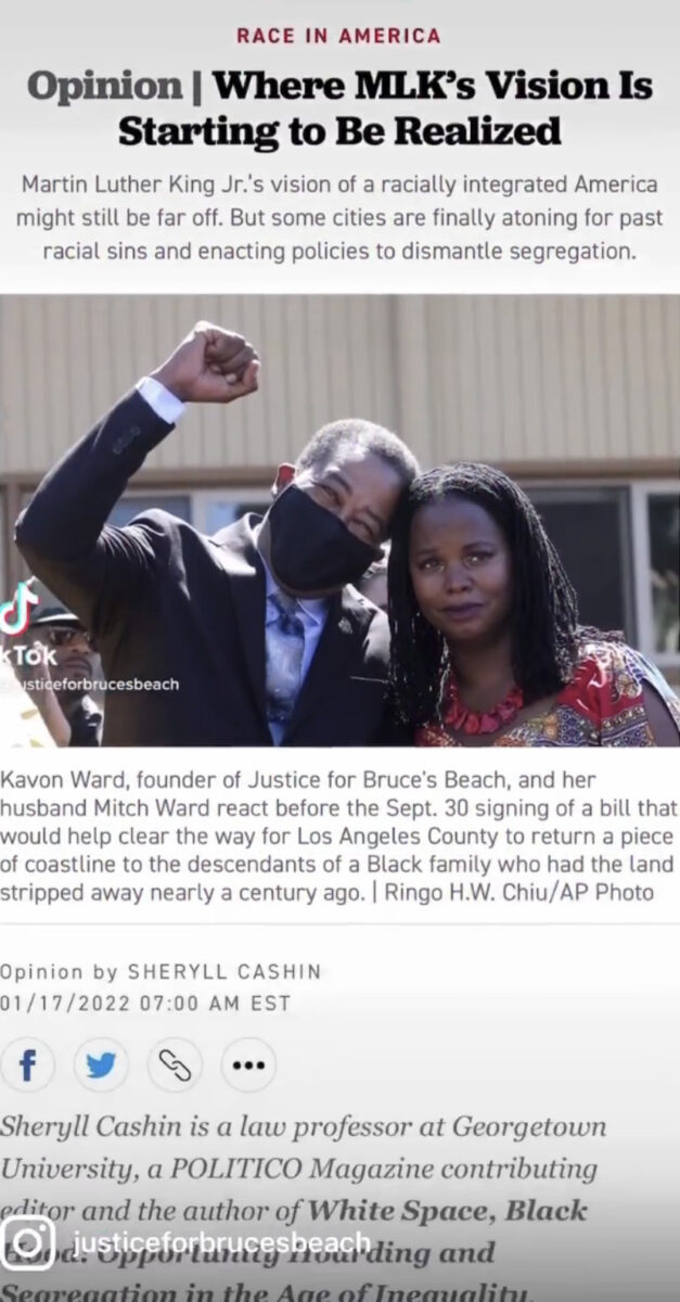 Kavon and Mitch Ward, Mitch standing in a face mask with his fist raised beneath a headline that reads "Opinion | Where MLK's Visions Is Starting to Be Realized"