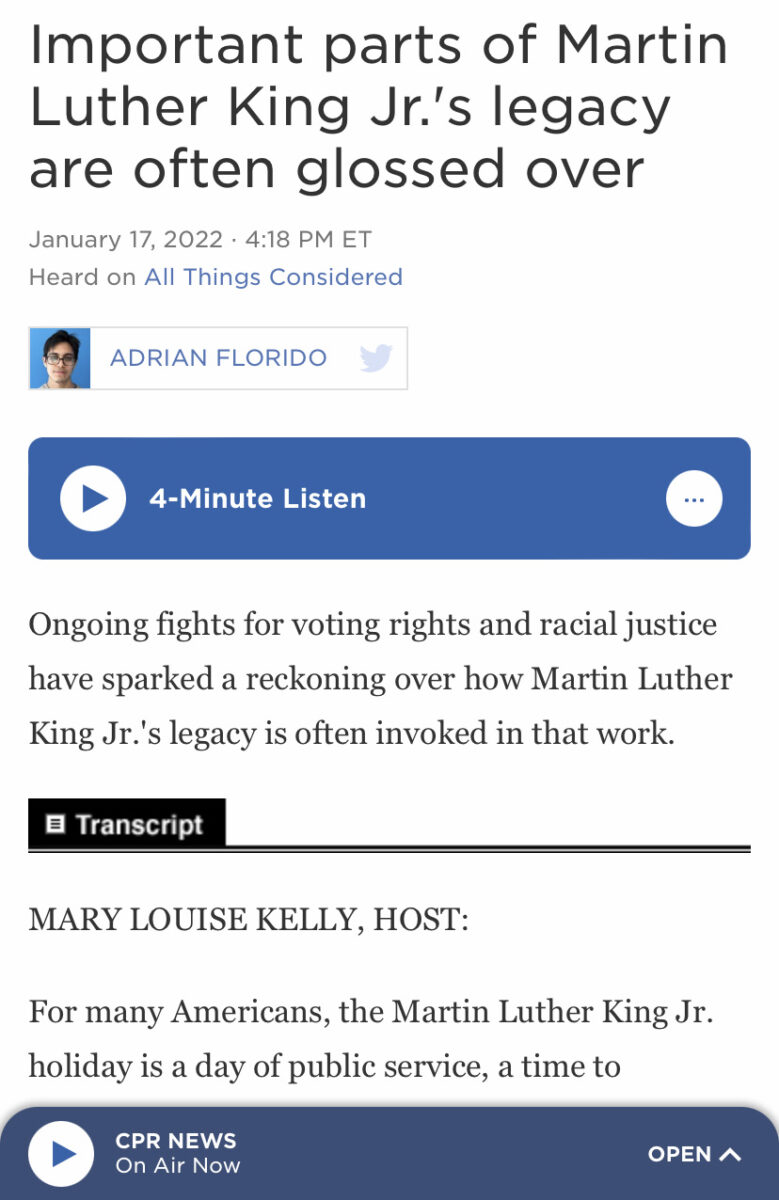 news screenshot with headline that reads "Important parts of Martin Luther King Jr.'s legacy are often glossed over"