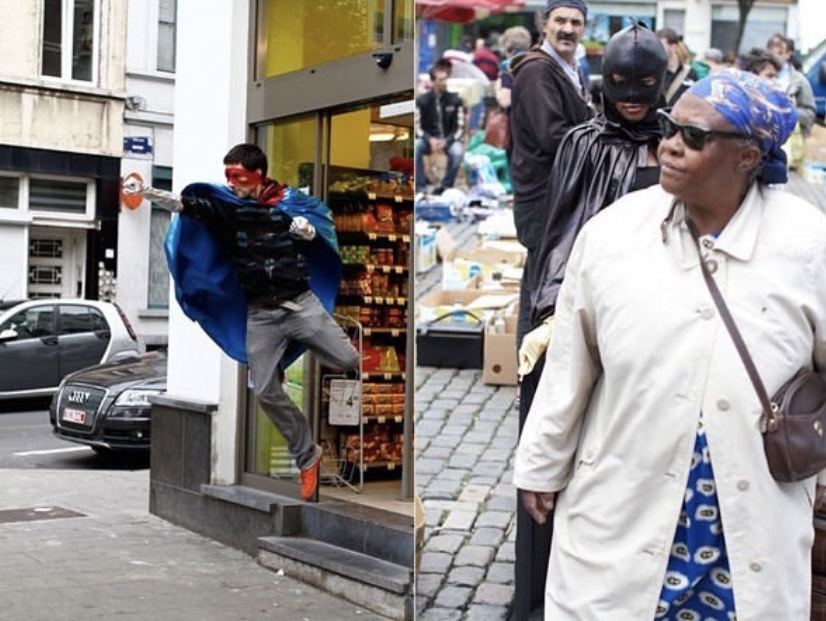 a man leaps from a store entrance dressed in a cape and mask. another photo shows a woman in a white coat crossing in front of someone dressed as batman in a street market
