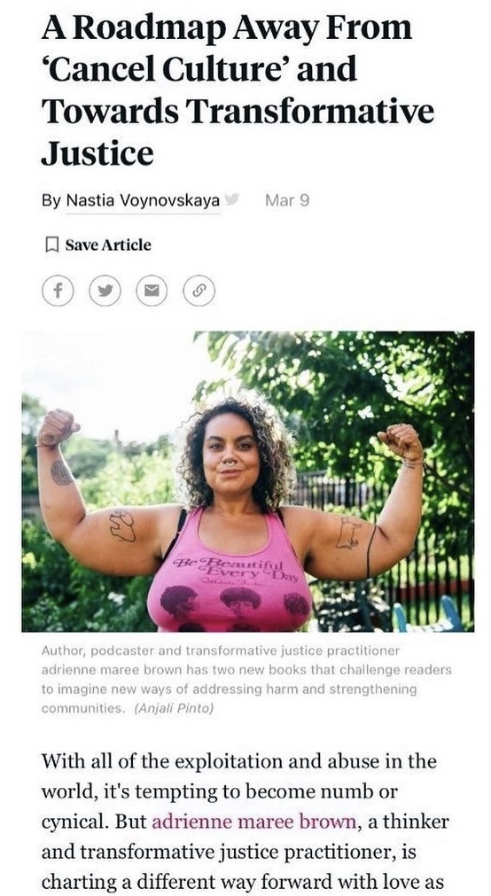 A strong woman in a pink tanktop stands flexible her biceps with a news headling above that reads "a roadmap away from cancel culture and toward transformative justice"