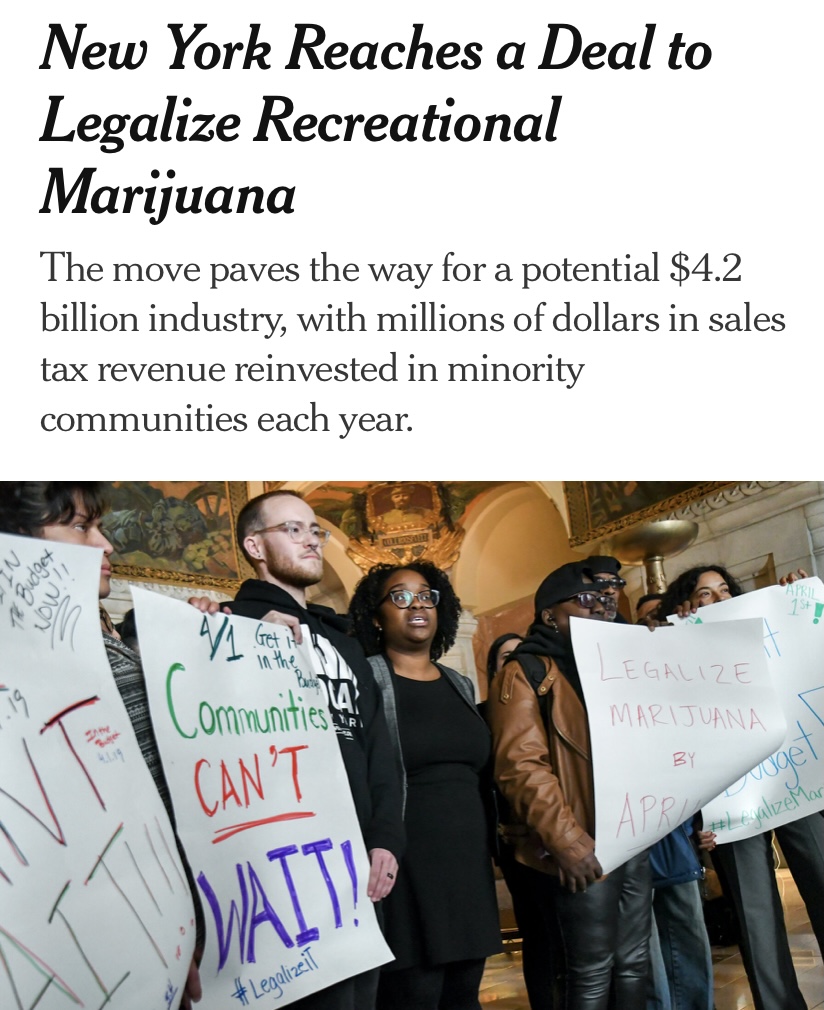 a group of people protesting with signs inside a courthouse with a headline above that reads "New York reaches a deal to legalize recreational marijuana"
