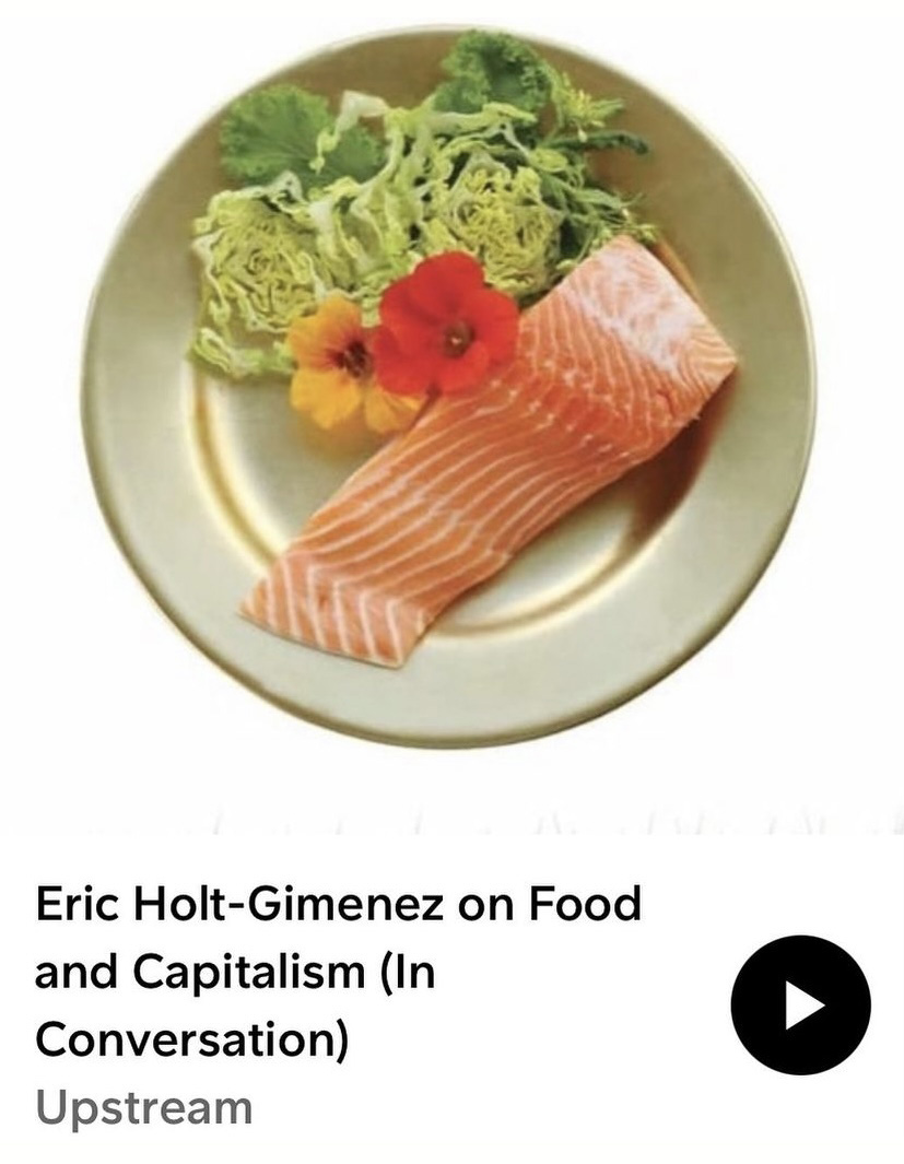 A plate with a piece of salmon a salad and two flowers with a headline below that reads "Eric Holt-Gimenez on Food and Capitalism (In Conversation)"