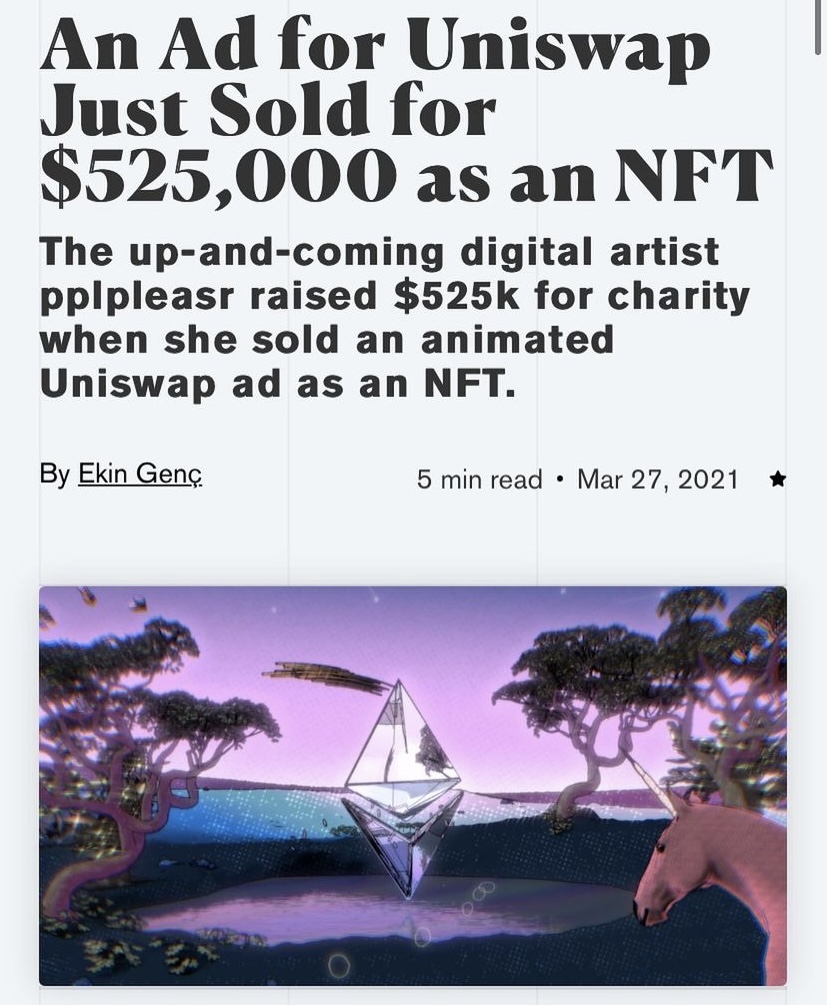 an illustrated treelined coastline with a unicorn in the bottom right and a headline above that reads "An Ad for Uniswap Just Sold for $525,000 as an NFT"