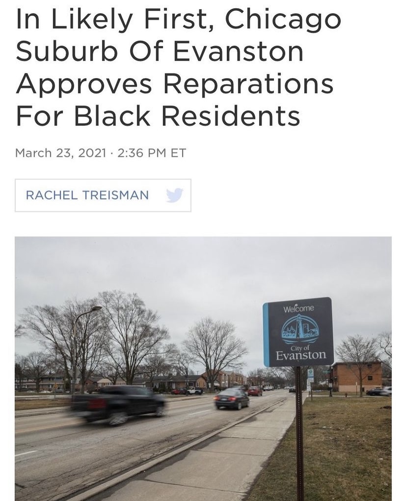 road on a grey day with a pickup truck driving by and a sign on the side that reads Welcome City of Evanston, underneath a news headline that reads "in likely first, Chicago suburb of Evanston approves reparations for Black residents"