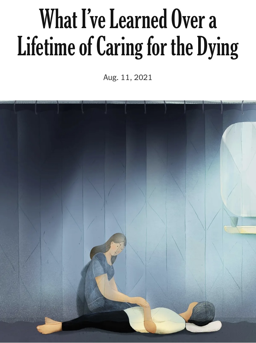 Illustration of a women kneeling beside a person lying on the floor below a headline that reads "What I’ve Learned Over a Lifetime of Caring for the Dying"
