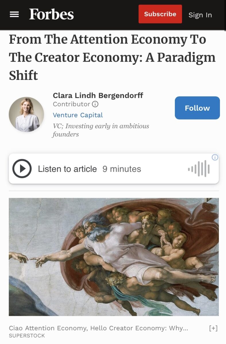 God from Michelangelo's Creation of Adam below a headline that reads "From The Attention Economoy To The Creator Economy: A Paradigm Shift"