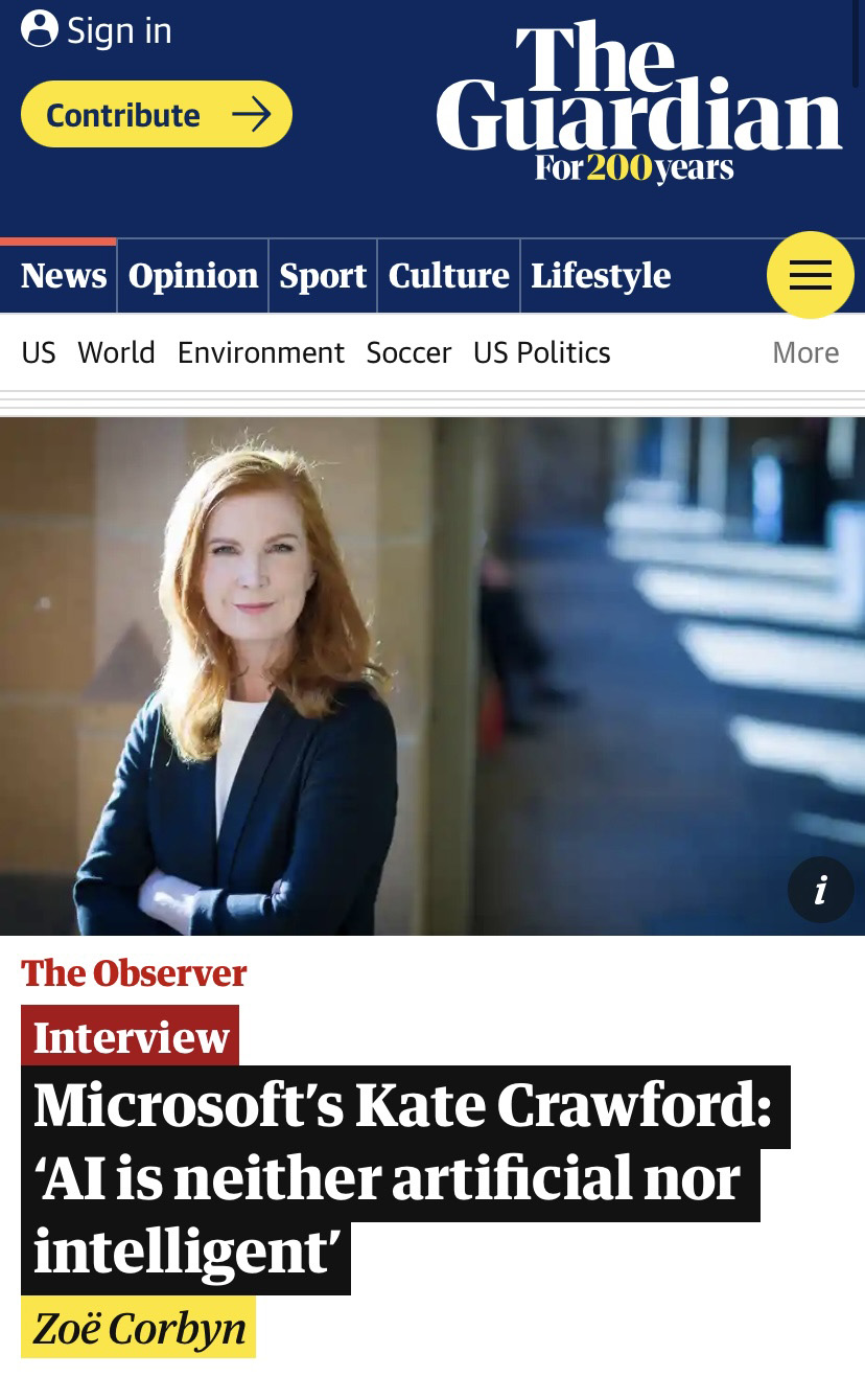 A red haired woman standing outside with her arms crossed above a headline that reads "Microsoft’s Kate Crawford: ‘AI is neither artificial nor intelligent’"