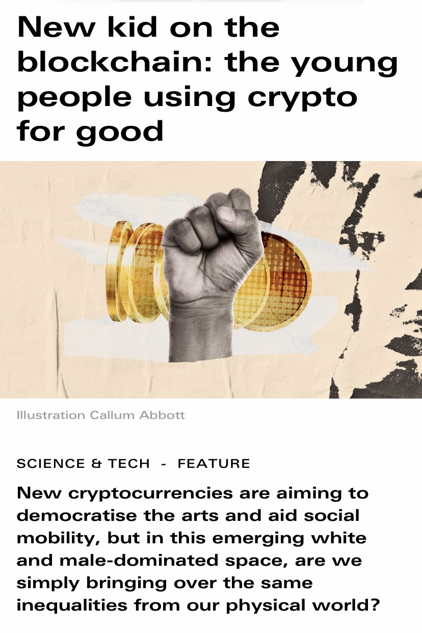 Collage illustration of a fist in front of a few coins below a headline that reads "New kid on the blockchain: the young people using crypto for good"