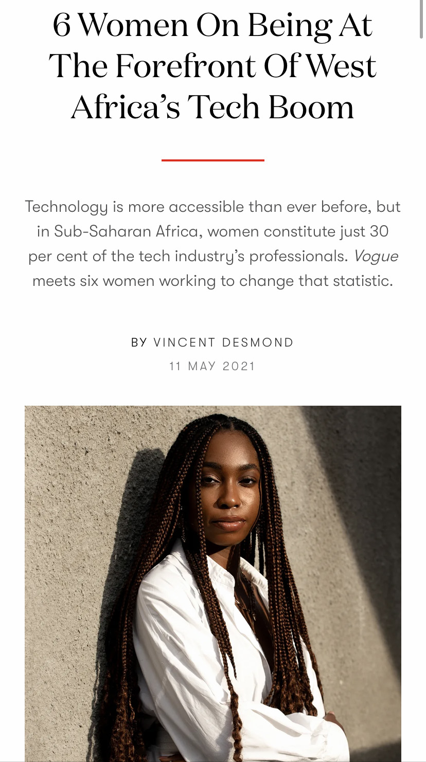 A young woman with longn braids below a headline that reads "6 Women On Being At The Forefront Of West Africa’s Tech Boom"