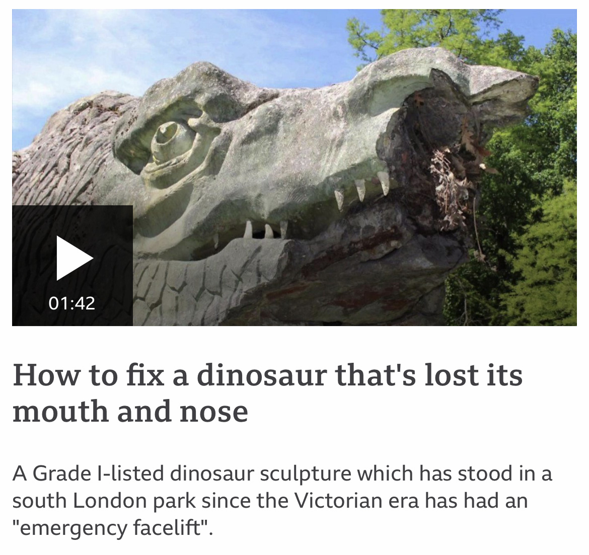 A statue of a dinosaur with its nose section broken above a headline that reads "How to fix a dinosaur that’s lost its mouth and nose"