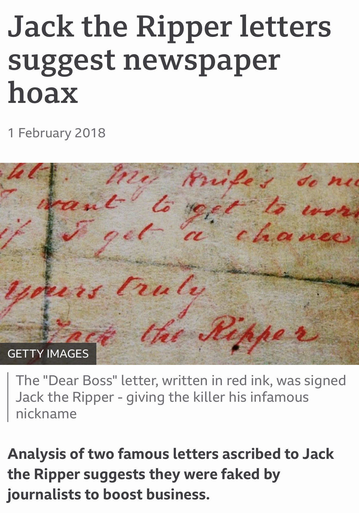Script lettering in red ink on old parchment below a headline that reads "Jack the Ripper letters suggest newspaper hoax"