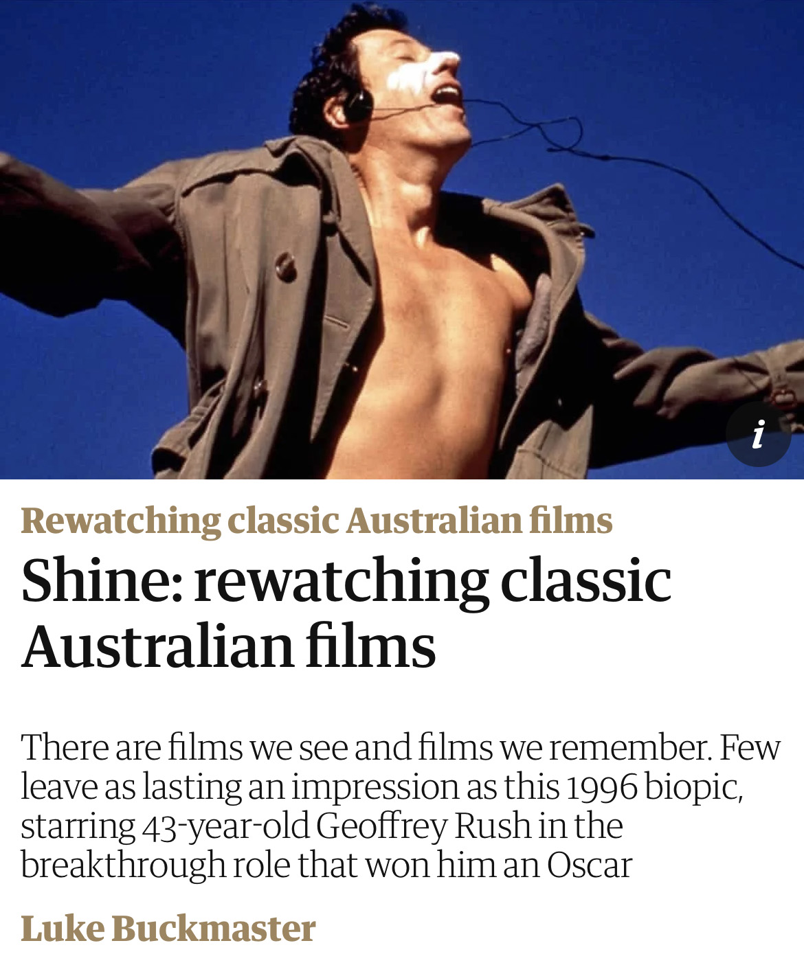 A man wearing headphones and an open jacket leaps above a headline that reads "Shine: rewatching classic Australian films"