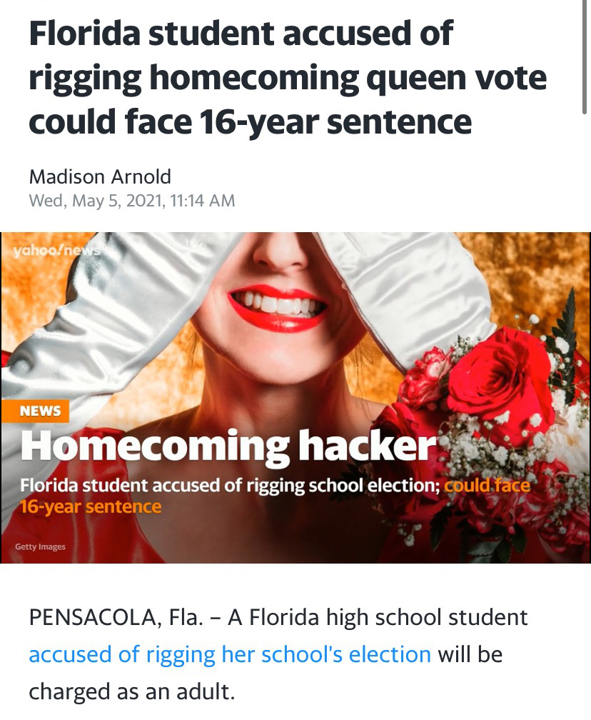 girl hiding her face wearing white gloves below a headline that reads "Florida student accused of rigging homecoming queen vote could face 16-year sentence"