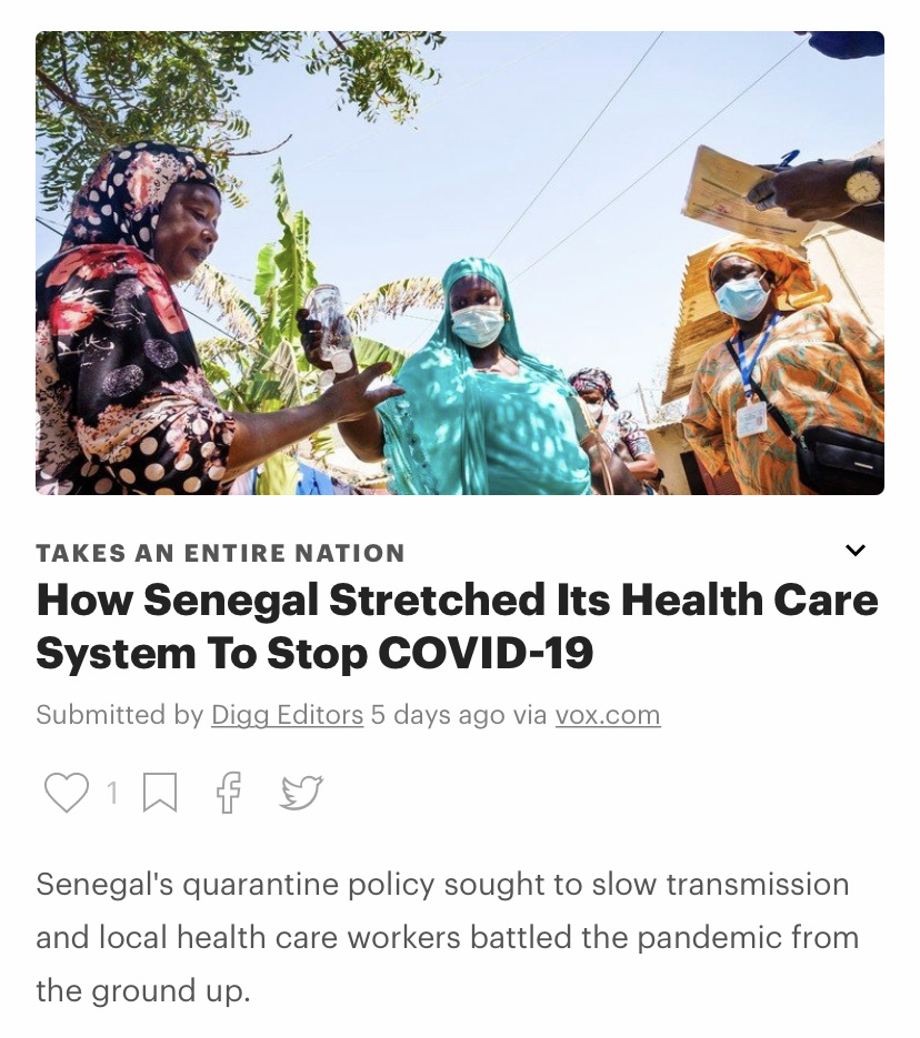three women talking, two wearing surgical masks, above a headline that reads 'How Senegal Stretched Its Health Care System To Stop COVID-19"