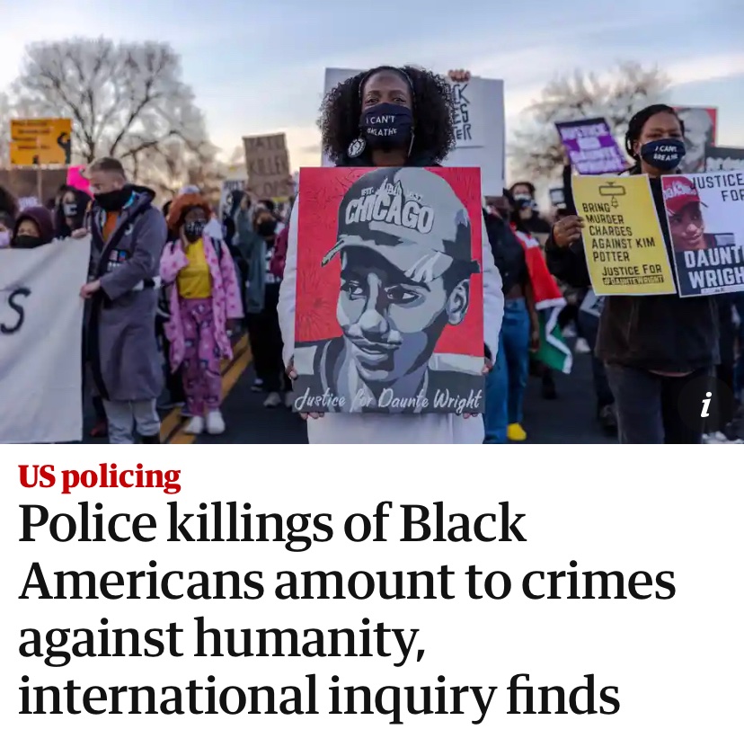 a group of masked peaceful protestors holding signs above a headline that reads 'Police killings of Black Americans amount to crimes against humanity, international inquiry finds'