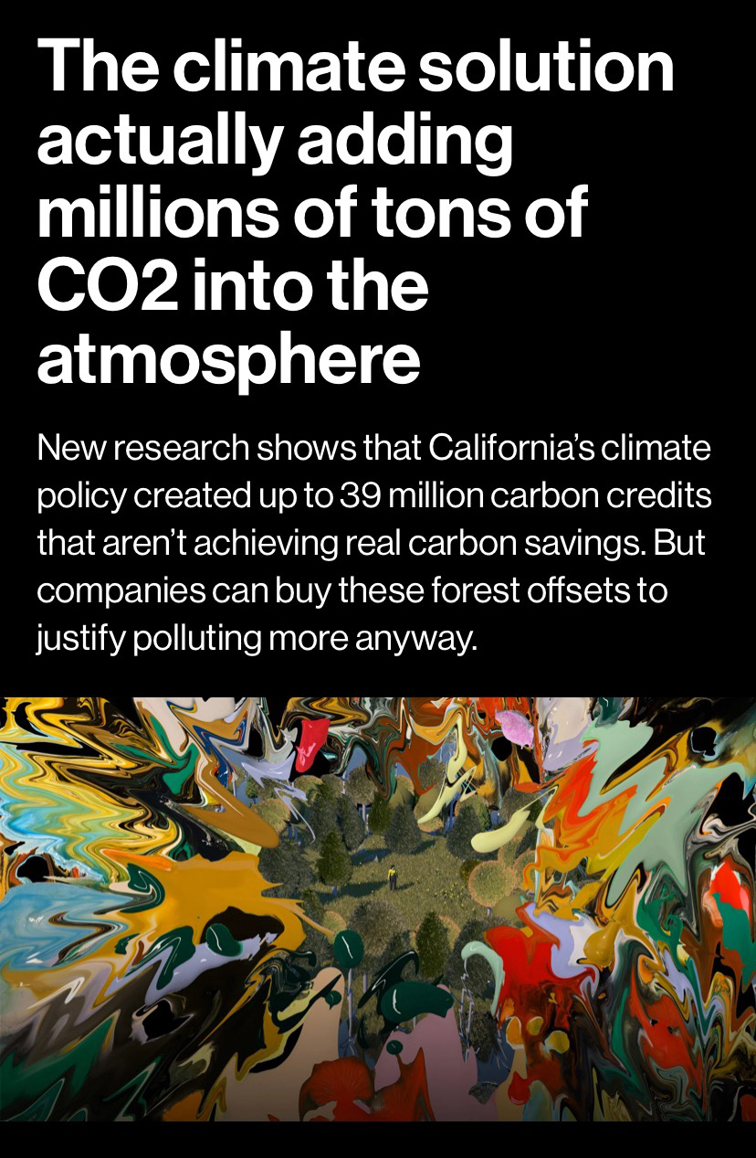 Colorful wavy abstract painting below a headline reading "The climate solution actually adding millions of tons of CO2 into the atmosphere"