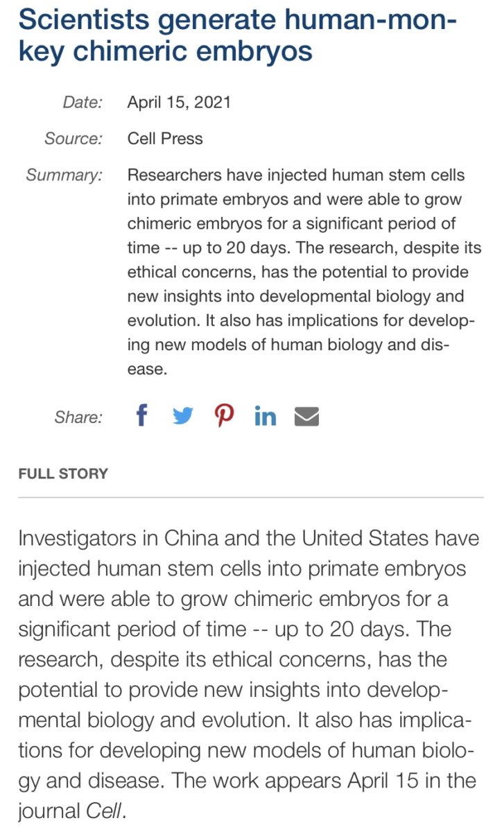 News article with headline 'Scientists generate human-monkey chimeric embryos'