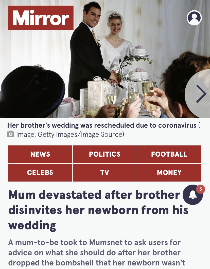 A couple getting married with a headline thar reads "Mum devastated after brother disinvites her newborn from his wedding"