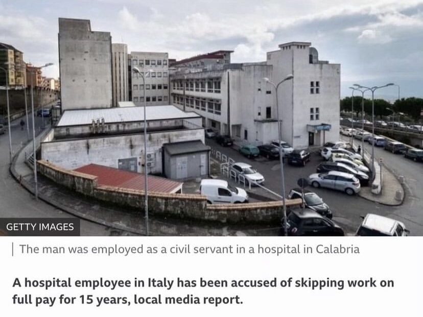 A city block with buildings beneath a headline that reads "Italian hospital employee accused of skipping work for 15 years"