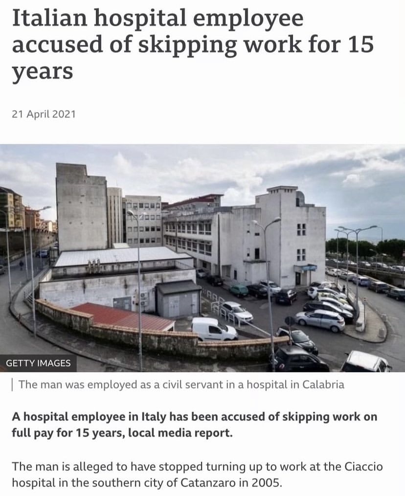 A city block with buildings beneath a headline that reads "Italian hospital employee accused of skipping work for 15 years"