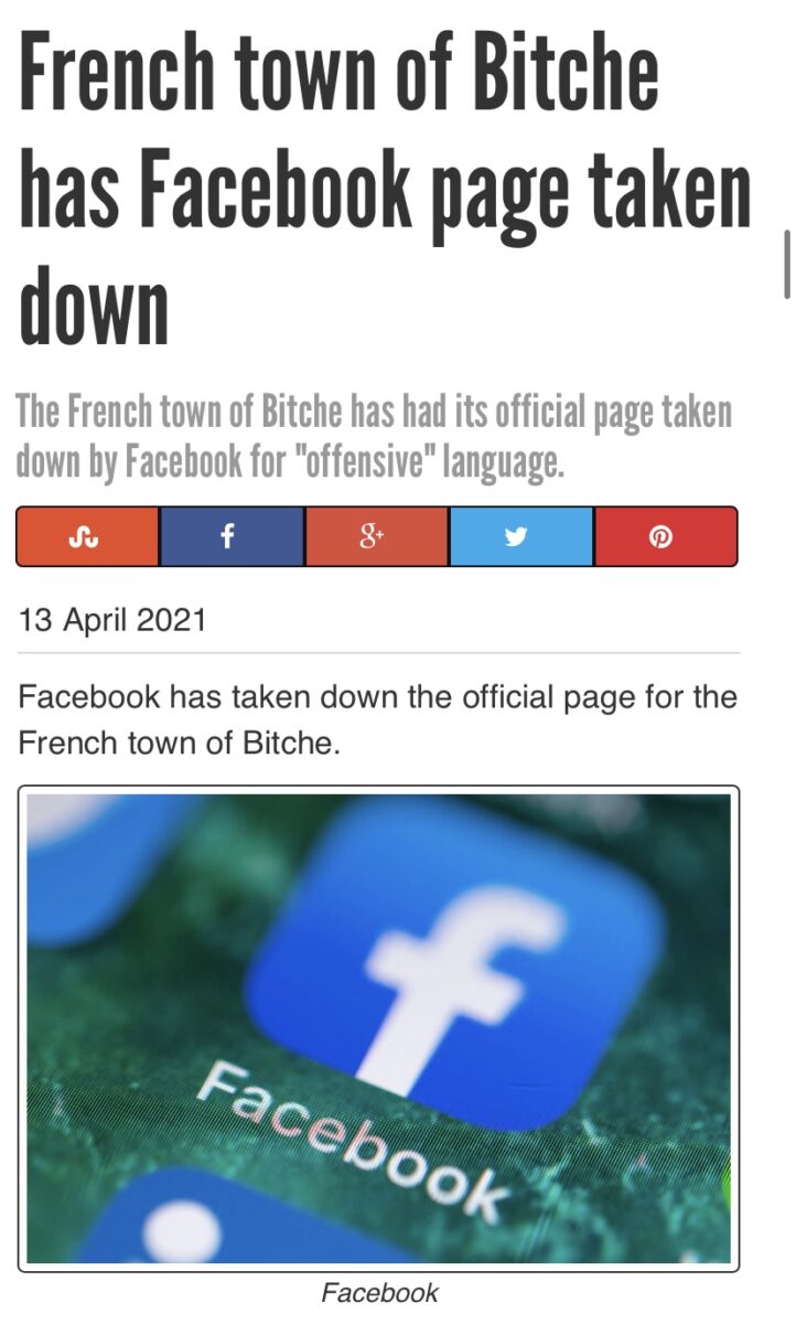 facebook logo under a news headline that reads 'French town of Bitche has Facebook page taken down'