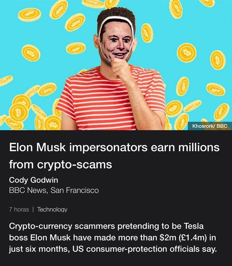 Illustration of Elon Musk in front of floating coins above a headline that reads "Elon Musk impersonators earn millions from crypto-scams"