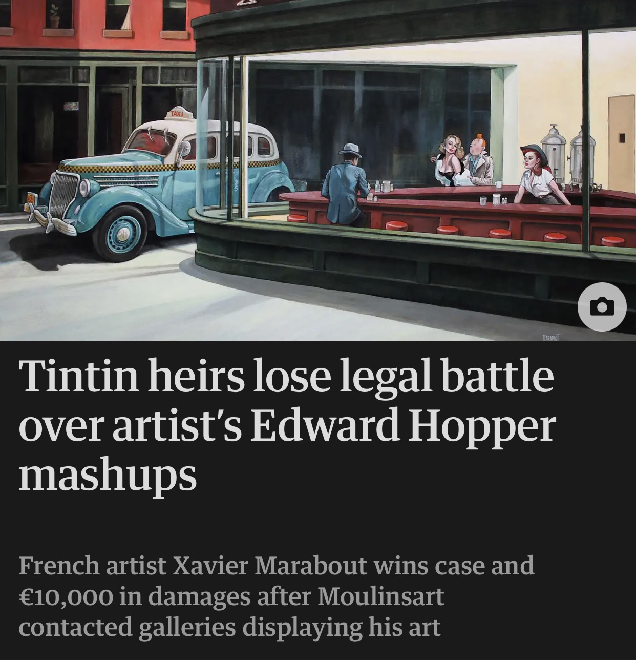 parody of Edward Hopper's 'Nighthawks' painting above a headline that reads "Tintin heirs lose legal battle over artist’s Edward hopper mashups"