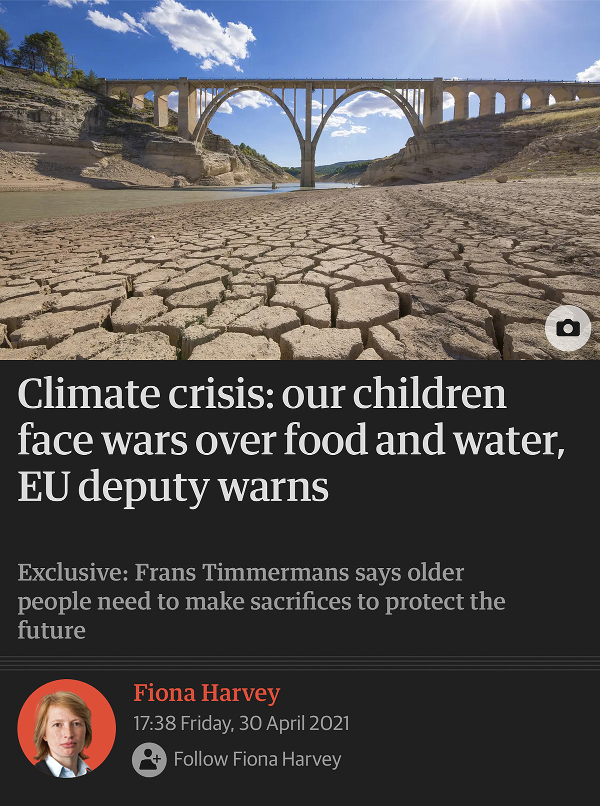 a dry cracked river bed above a headline that reads "Climate crisis: our children face wars over food and water, EU deputy warns"