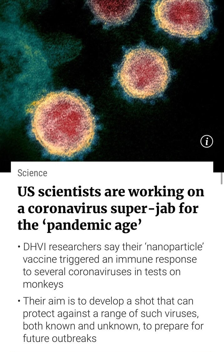 illustration of covid virus above a headline that reads "US scientists are working on a coronavirus super-jab for the ‘pandemic age’Published"