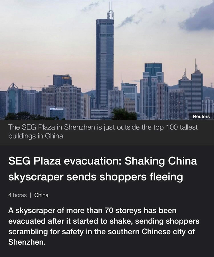 city skyline with a skycraper above a headline that reads "SEG Plaza evacuation: Shaking China skyscraper sends shoppers fleeing"