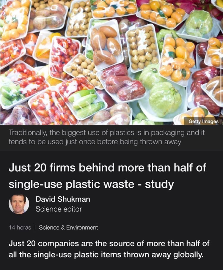 Plastic wrapped food packages above a headline that reads "Just 20 firms behind more than half of single-use plastic waste"