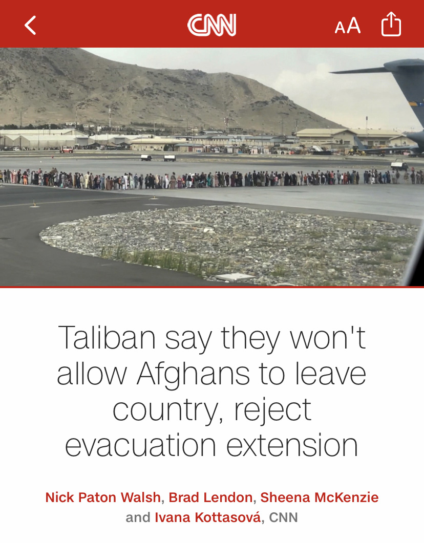 A line of people on the tarmac of Kabul airport waiting to board a plane above a headline that reads 'Taliban say they won't allow Afghans to leave country, reject evacuation extension'