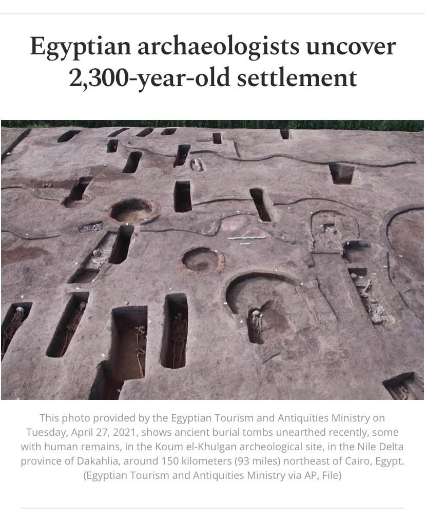 Archaeological site below a headline that reads 'Egyptian archaeologists uncover 2,300-year-old settlement'