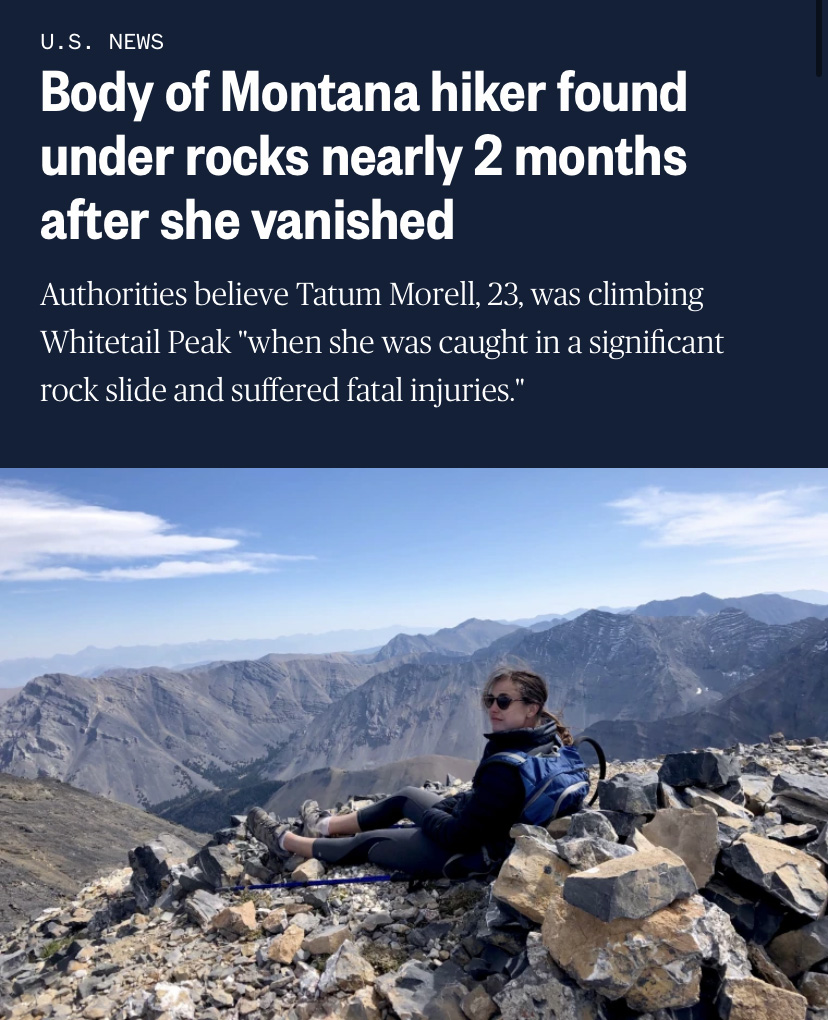 A woman sitting on the edge of a cliff in hiking gear and sunglasses below a headline that reads 'Body of Montana hiker found under rocks nearly 2 months after she vanished'