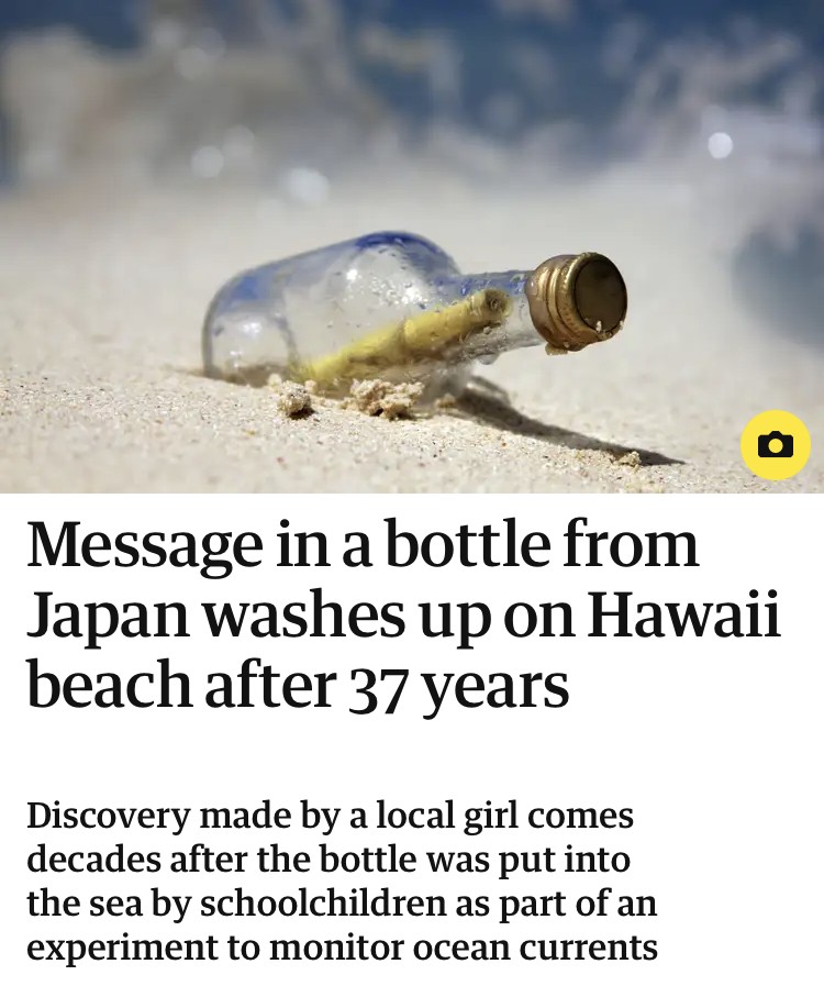 Small bottle with a message inside on a bed of sand above a headline that reads "Message in a bottle from Japan washes up on Hawaii beach after 37 years"