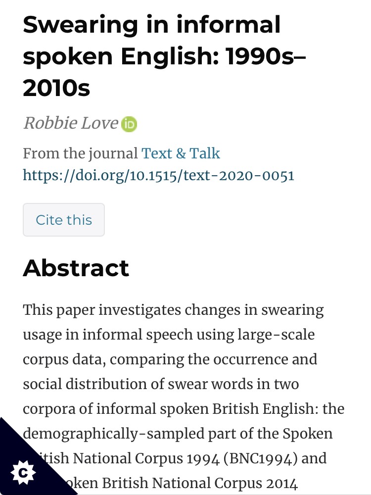 Headline that reads "Swearing in informal spoken English: 1990s–2010s"