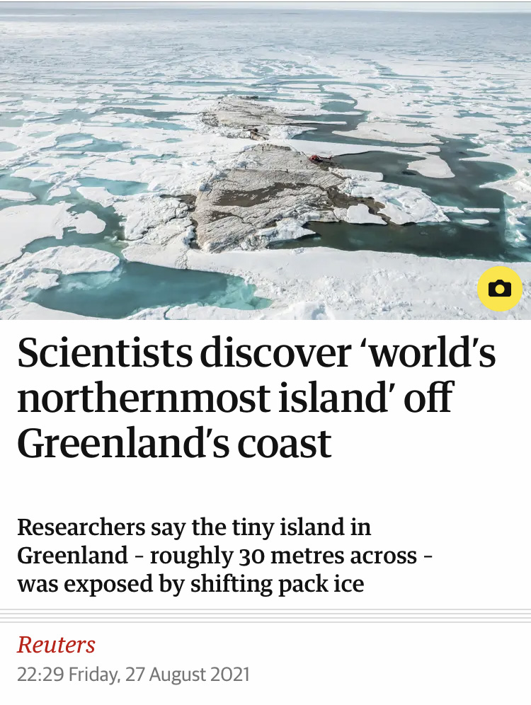 A small rocky island surrounded by icebergs in icy glacial waters above a headline that reads "Scientists discover ‘world’s northernmost island’ off Greenland’s coast"