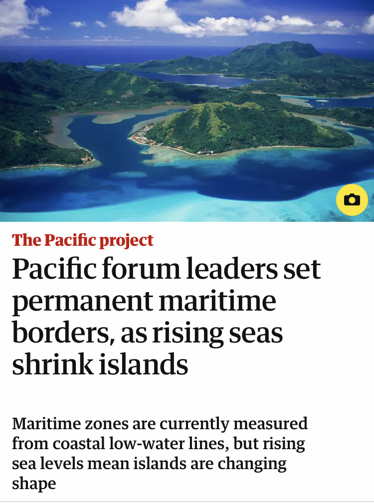 Islands among a bright blue sea above a headline that reads "Pacific forum leaders set permanent maritime borders, as rising seas shrink islands"