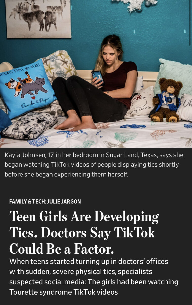 Girl in bed looking at her phone above a headline that reads "Teen Girls Are Developing Tics. Doctors Say TikTok Could Be a Factor."