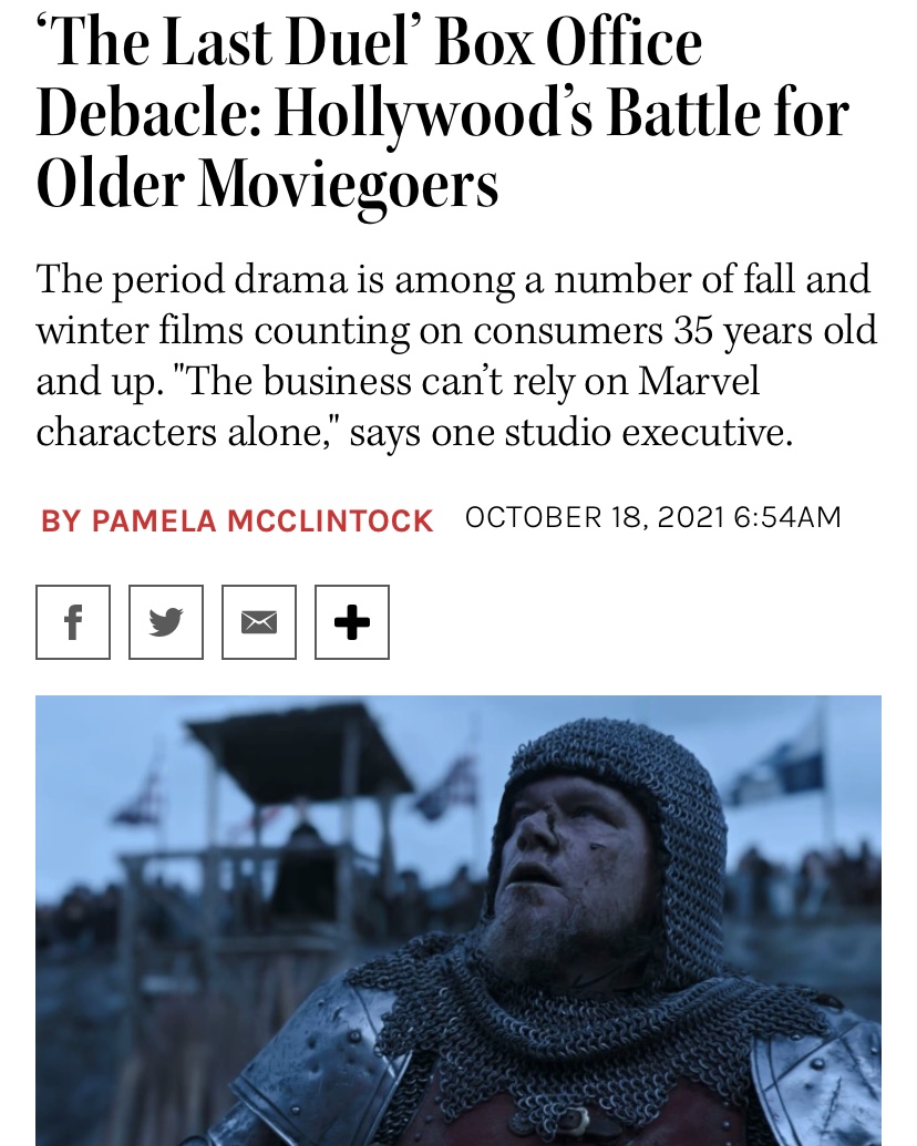 a medieval soldier in chain mail below a headline that reads "‘The Last Duel’ Box Office Debacle: Hollywood’s Battle for Older Moviegoers"