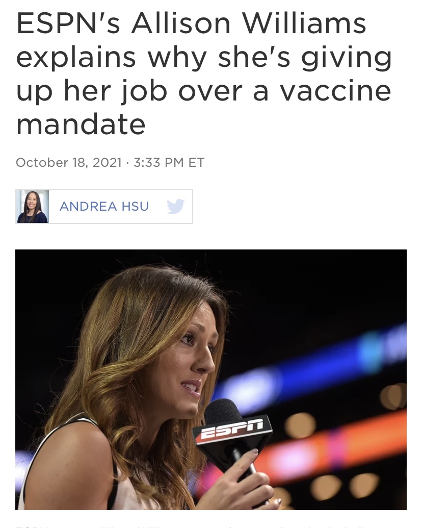 Woman holding an ESPN microphone below a headline that reads "ESPN’s Allison Williams Explains Why She’s Giving Up Her Job Over a Vaccine Mandate"