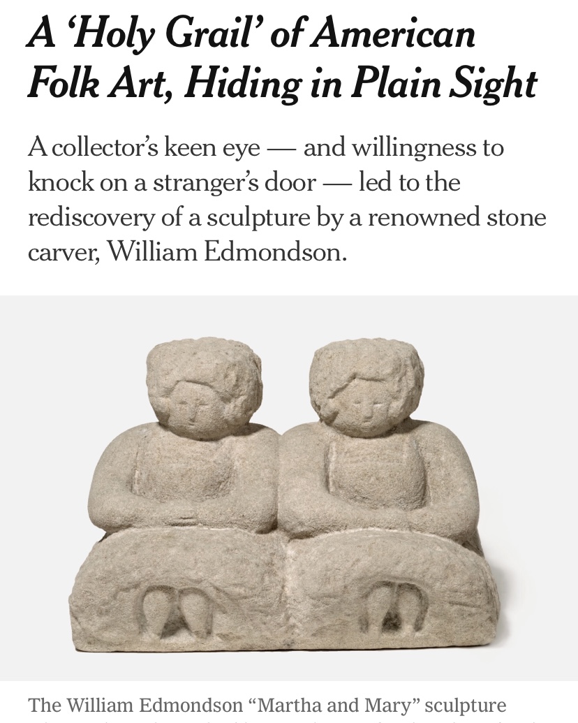 a stone carved sculpture of two female figures below a headline that reads "A ‘Holy Grail’ of American Folk Art, Hiding in Plain Sight"