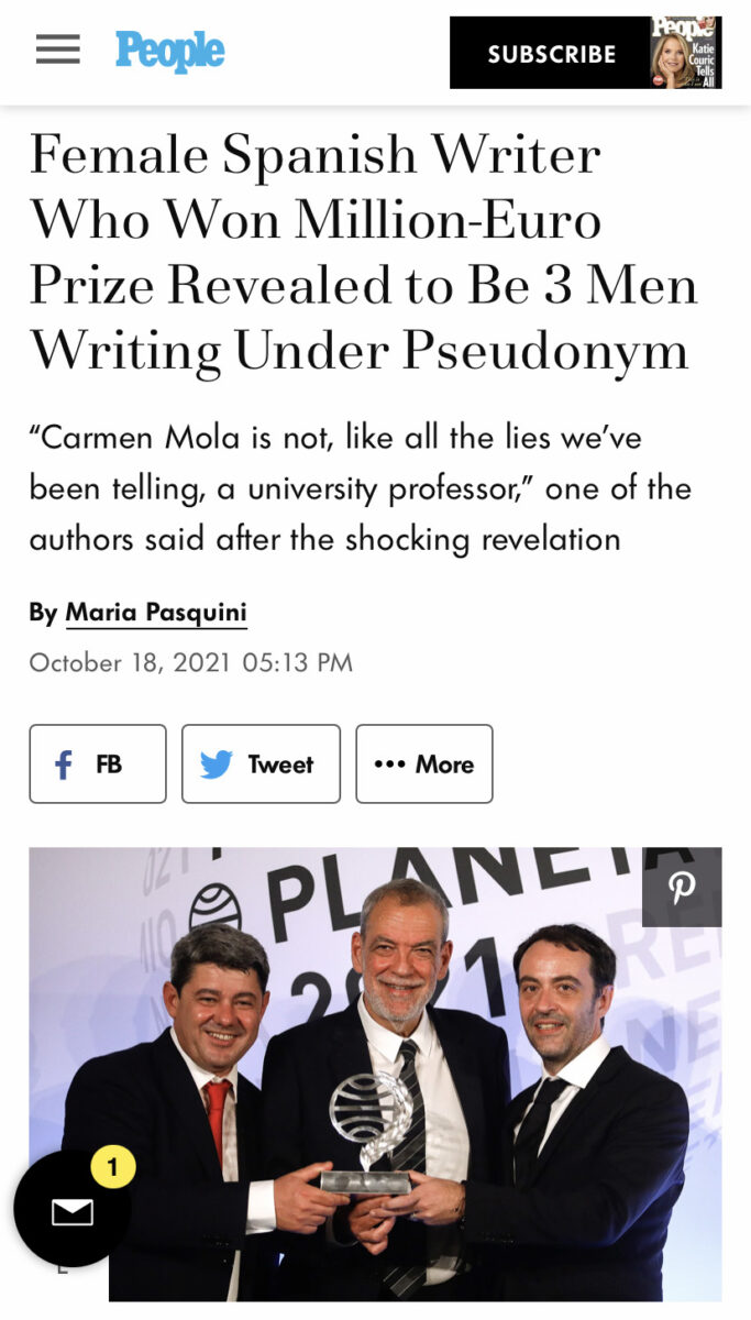 Three men holding an award below a headline that reads "Female Spanish Writer Who Won Million-Euro Prize Revealed to Be 3 Men Writing Under Pseudonym"