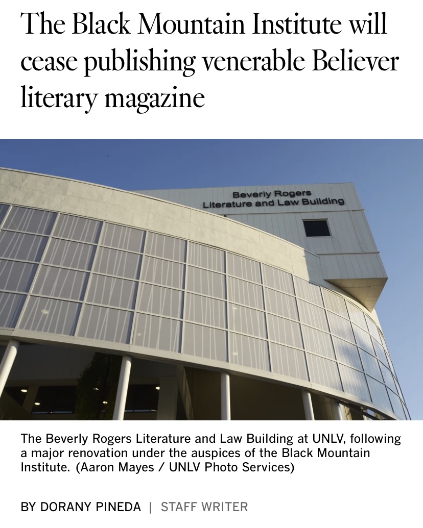 Exterior of a rounded grey university building beneath a headline that reads "The Black Mountain Institute Will Cease Publishing Venerable Believer Literary Magazine"
