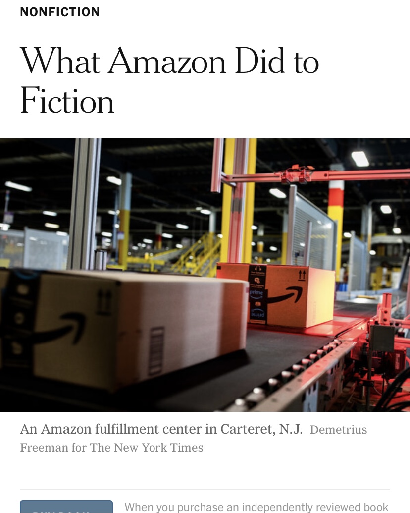 Inside an Amazon packing warehouse beneath a headline that reads "What Amazon Did to Fiction"