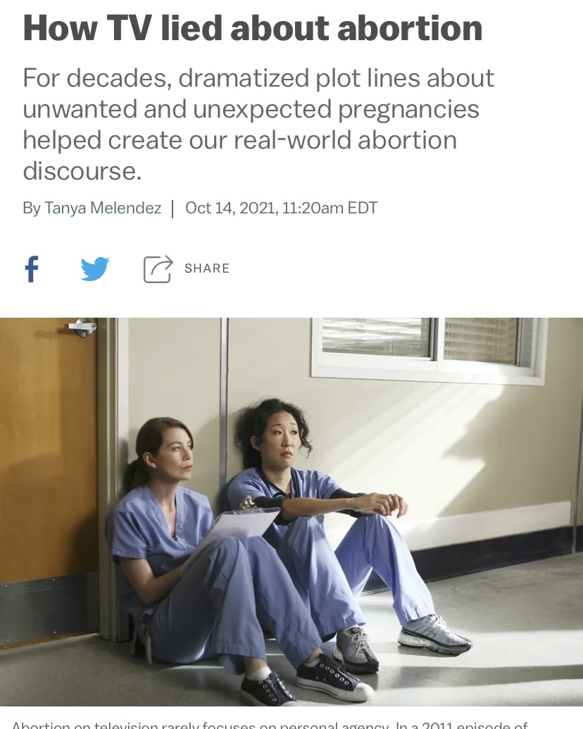 two actors depitcting health workers sit in a hospital hallway beneath a headline that reads "How TV Lied About Abortion"