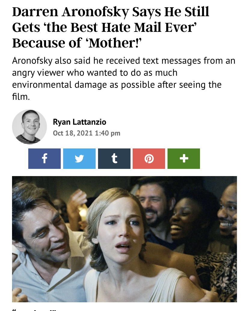 Jennifer Lawrence being crowded by Javier Bardem and a group of other people beneath a headline that reads "Darren Aronofsky Says He Still Gets 'the Best Hate Mail Ever' Because of ‘Mother!’"