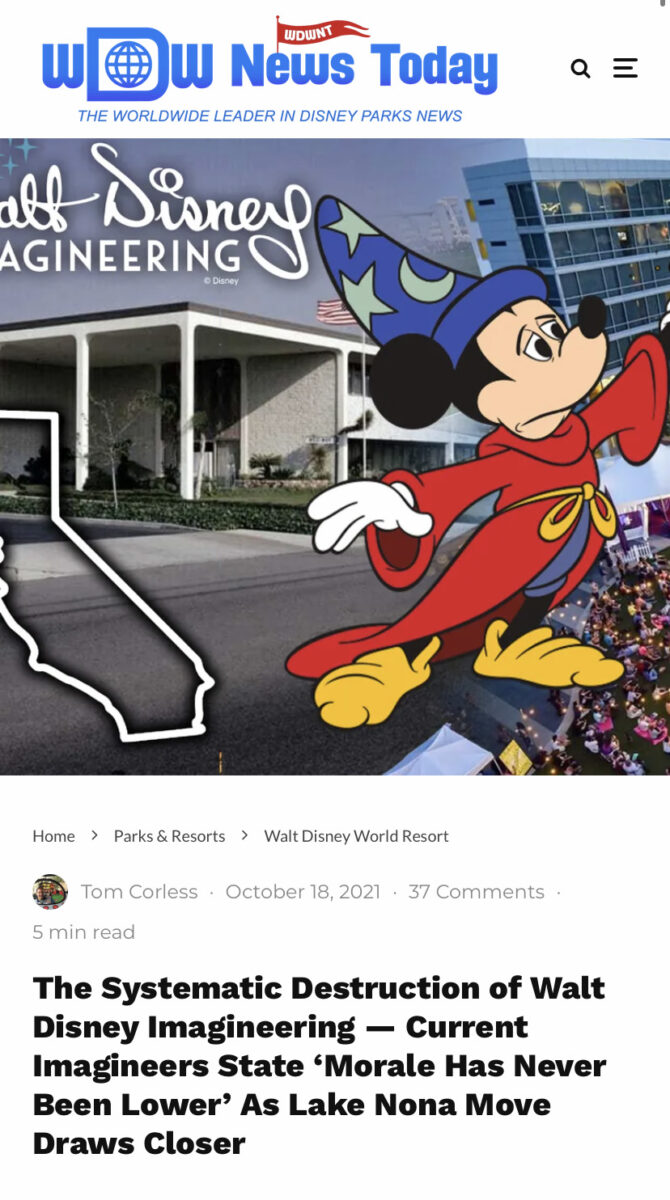 sad looking Mickey Mouse standing in front of a building and other graphics above a headline that reads "The Systematic Destruction of Walt Disney Imagineering"