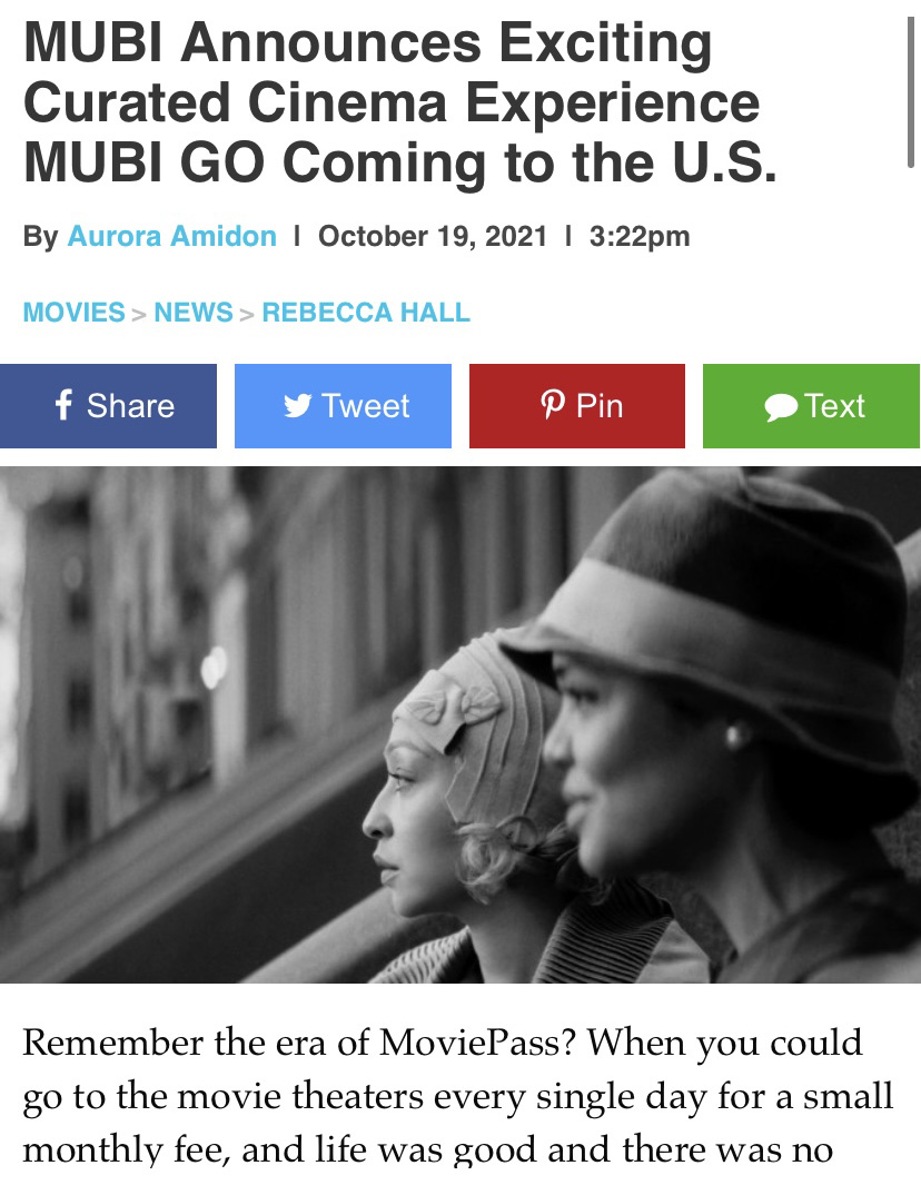 Black and white profile image of two women in 1920's style hats beneath a headline that reads "Mubi Announces Exciting Curated Cinema Experience"
